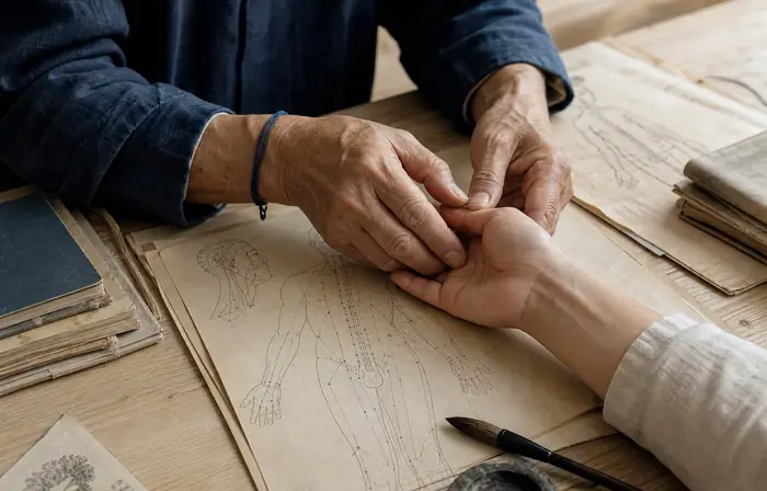 Les mains d'un praticien expérimenté guidant celles d'un élève au-dessus d'une planche de méridiens