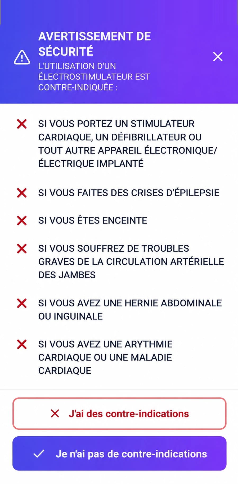 Écran de l'application : l'avertissement de sécurité et ses contre-indications