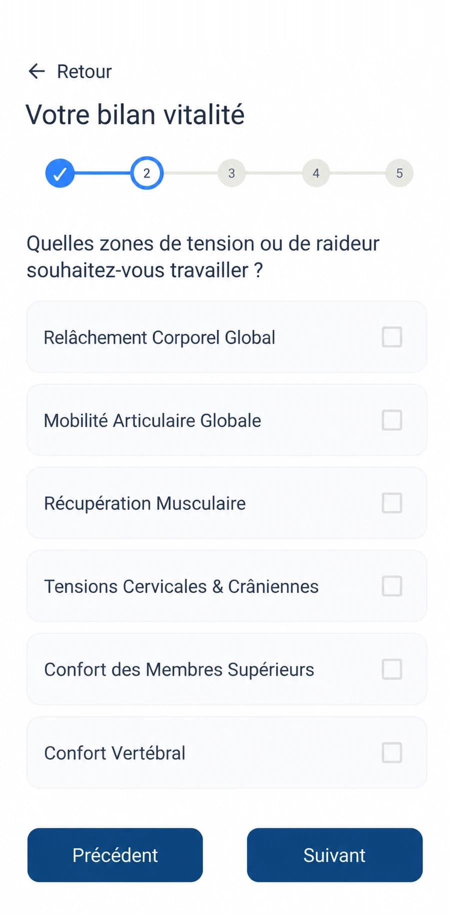 Écran de l'application : le bilan vitalité et le choix des zones de tension