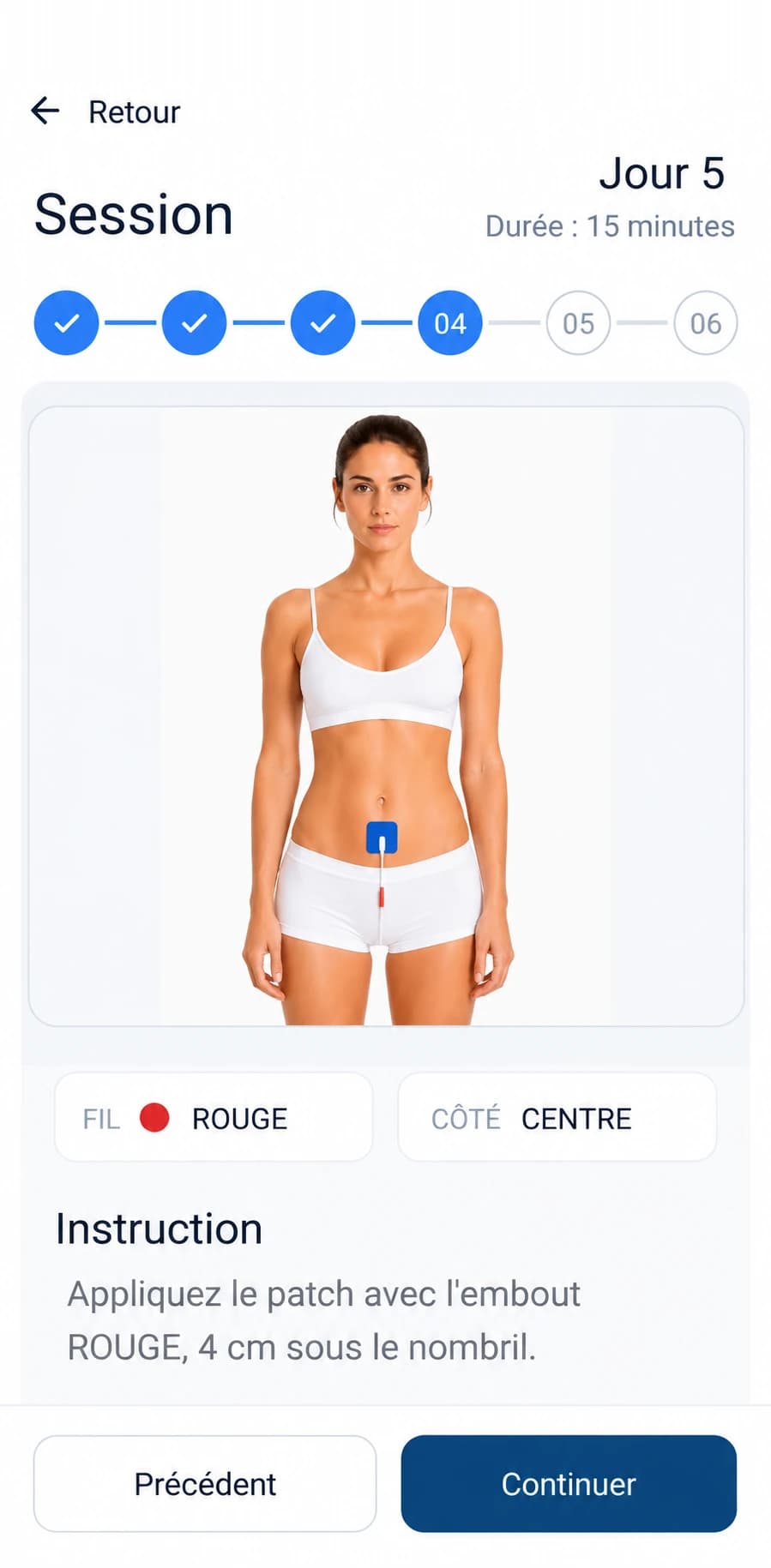 Écran de l'application : une séance guidée et le placement du patch